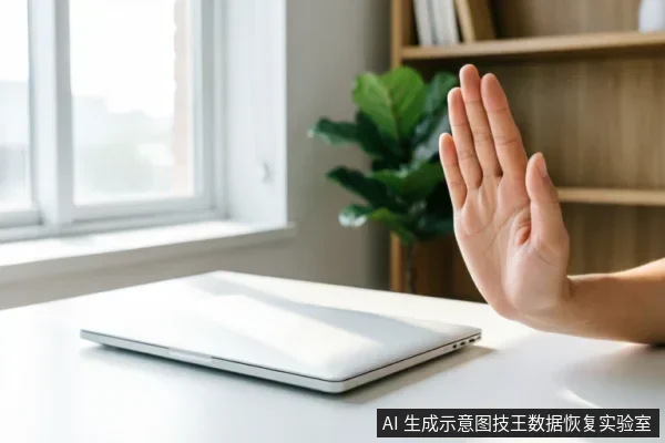 白色办公桌上放置着一台闭合的银色笔记本电脑,右侧伸出一只手掌,掌心朝向电脑做出明确的停止或拒绝手势。背景可见明亮的窗户、绿植及木质书架,光线充足。