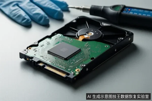 蓝色手套旁，螺丝刀指向一块拆开的机械硬盘，可见PCB板、芯片、盘片与磁头组件。