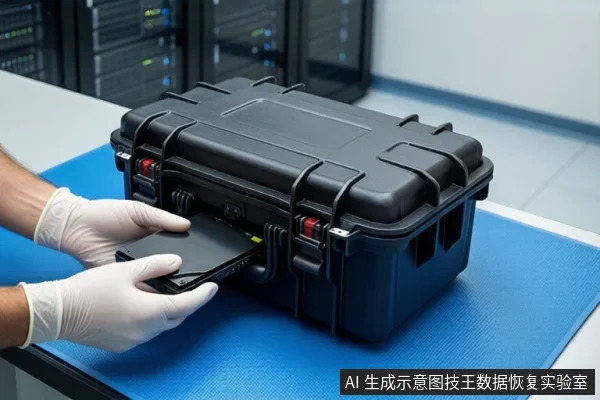 蓝色防静电垫上放置一个闭合的黑色防震箱,一双戴白色手套的手正握持一块黑色硬盘,悬停在防震箱侧面接口上方。背景可见模糊的服务器机柜。
