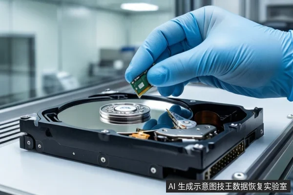 洁净室环境中,白色桌面上平放一块打开外壳的机械硬盘,露出盘片与磁头组件。一只戴蓝色手套的手正握持一块绿色电路板,悬停在硬盘上方。背景为模糊的实验室设备。