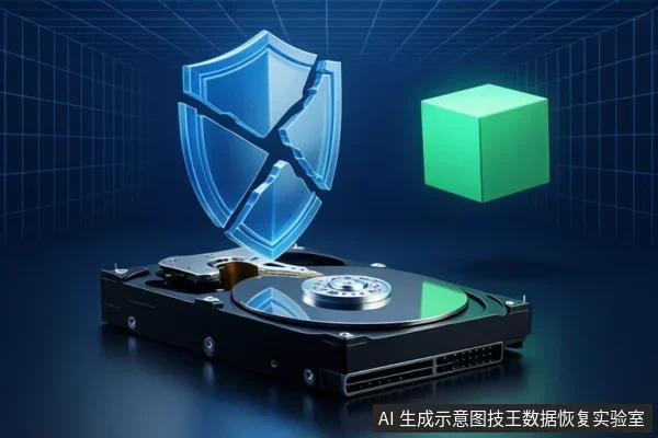 深蓝色网格背景中，一个打开的机械硬盘位于前景，上方悬浮着破碎的蓝色盾牌和绿色立方体。