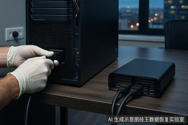 木质桌面上,左侧竖立一台黑色塔式主机,前景平放一个黑色外接硬盘盒。一双戴白手套的手正在操作主机正面的接口,背景为模糊的城市夜景。