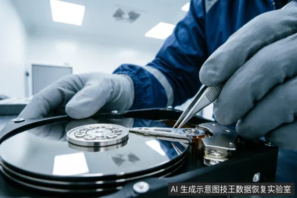 身穿蓝色防静电服、佩戴灰色手套的专业技术人员,在洁净室环境中使用精密镊子对打开的机械硬盘内部磁头组件进行精细操作。