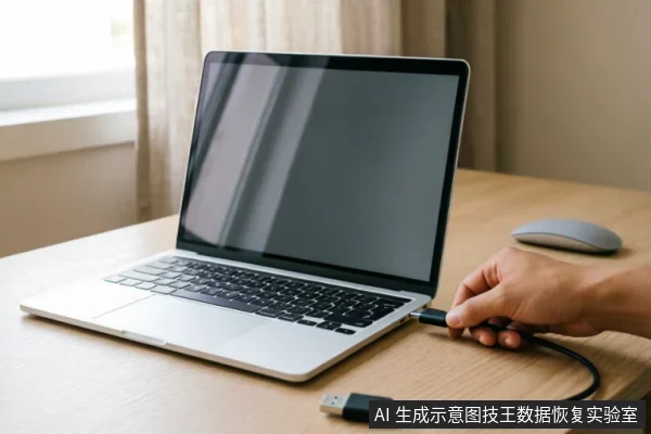 一只未戴手套的手正在将黑色USB数据线插入银色笔记本电脑的侧面接口,木质桌面上放置着一个灰色无线鼠标。画面展示了连接外设的场景,背景为室内窗边环境。