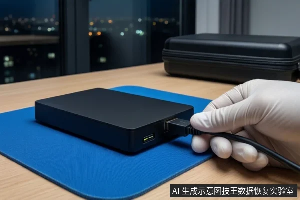 木质桌面上铺着蓝色防静电垫,垫子上平放一个黑色移动硬盘。一只戴白色手套的手正握持黑色USB线缆插头,准备插入硬盘侧面接口,背景为模糊的窗户和黑色防震箱。
