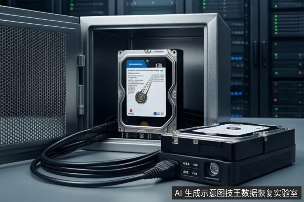 深色机房背景前,左侧银色防震箱内竖立一块机械硬盘,右侧黑色硬盘盒上叠放另一块硬盘,黑色线缆连接两者。