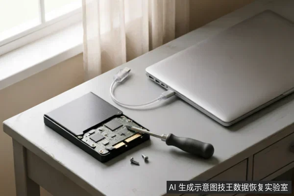 白色桌面上放置着一台已拆开外壳的机械硬盘,内部电路板清晰可见,旁边放有一把螺丝刀和几颗拆下的螺丝。硬盘通过数据线连接至旁边的笔记本电脑,呈现硬件拆解或检修的场景。