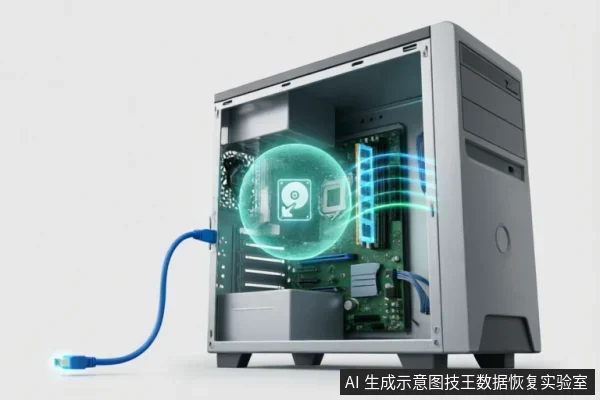 一台侧板透明的台式电脑主机,内部主板上的硬盘位置浮现出带有扫描光效的硬盘全息图标。一根蓝色网线连接在机箱后部,象征数据读写或网络传输过程,直观展示对存储介质的检测与修复概念。
