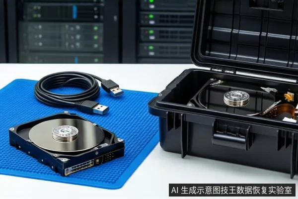 蓝色防静电垫上平放一块打开外壳的机械硬盘和一根USB数据线,右侧黑色防震箱内固定另一块机械硬盘,背景为服务器机柜。