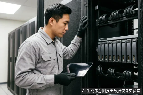一名身穿灰色工装、戴黑色手套的技术人员站在服务器机柜前,左手扶着机柜门框,右手持平板电脑专注查看屏幕,背景为排列整齐的数据存储设备。