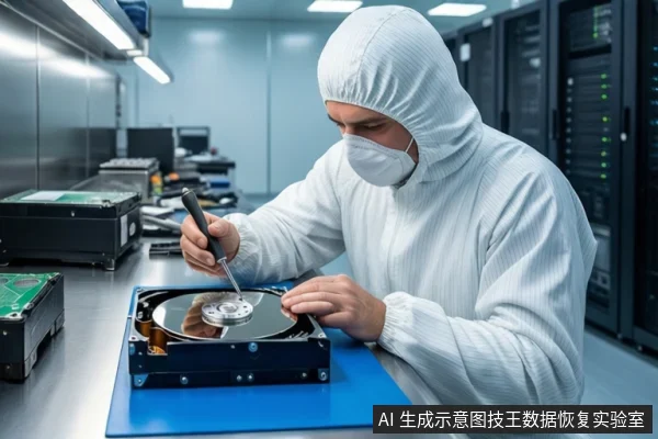 洁净室环境中，一名身穿白色无尘服、戴口罩和头套的技术人员，正手持螺丝刀对蓝色防静电垫上打开外壳的机械硬盘进行维修操作。背景可见服务器机柜。
