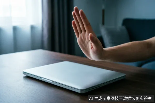 一只手掌在闭合的笔记本电脑前做出明确的停止手势,示意立即中断操作。画面主体清晰,背景为居家环境,无屏幕文字或乱码,准确传达了“停止写入”和“保持静置”的紧急响应概念。