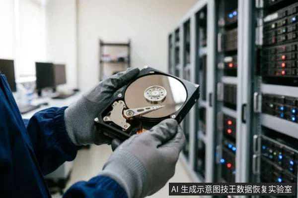 画面展示了一名身穿蓝色防静电服、佩戴灰色防护手套的技术人员，在服务器机房背景前双手托举一块已打开盖板的机械硬盘。技术人员正在检查裸露的磁盘盘片与读写臂结构，体现了专业数据恢复检测中心的物理介质评估场景。