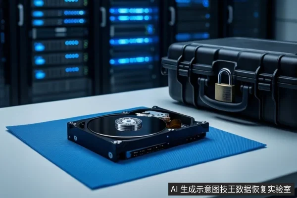 蓝色防静电垫上平放一块打开外壳的机械硬盘,右侧是一个挂着金色挂锁的黑色防震箱,背景为模糊的服务器机柜。