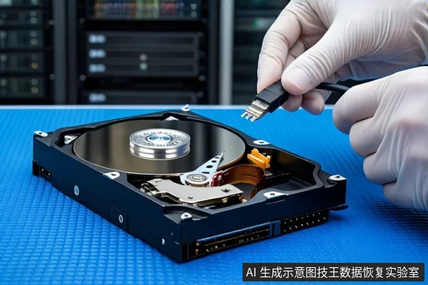 蓝色防静电垫上平放一块打开外壳的机械硬盘，露出盘片与磁头组件。右侧一双戴白色手套的手正握持一个黑色SATA数据线插头，悬停在硬盘接口上方。背景为模糊的服务器机柜。