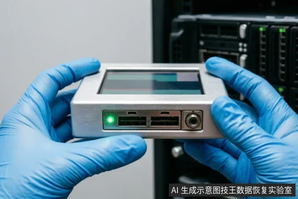 一双戴着蓝色防静电手套的手正持握一台银色金属外壳的数据恢复专用硬件设备。设备正面亮着绿色指示灯，并配有SATA数据接口及电源接口，背景为模糊的服务器机架环境，展示了专业数据检测场景。
