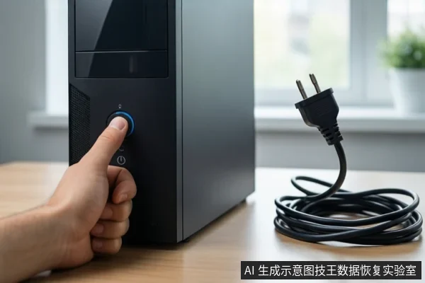 木质桌面上放置一台黑色立式台式主机,左侧一只未戴手套的手正伸出食指按压主机前部的电源按钮。右侧桌面上盘绕着一根黑色电源线,插头悬空。背景是模糊的窗户和一盆绿植。