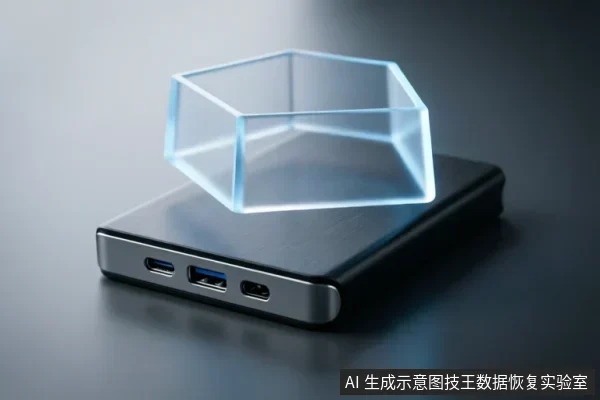 一个带有USB和Type-C接口的黑色移动硬盘盒平放在桌面上,其上方悬浮着一个发光的蓝色透明六边形几何体,呈现出科技感的数据全息投影效果。