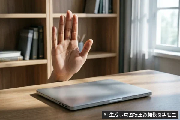 一只手掌在闭合的笔记本电脑前做出停止手势,示意禁止操作。背景为书架和窗户,光线柔和。画面直观传达了在硬盘故障时立即断电、停止尝试修复以保护数据的紧急处置原则。