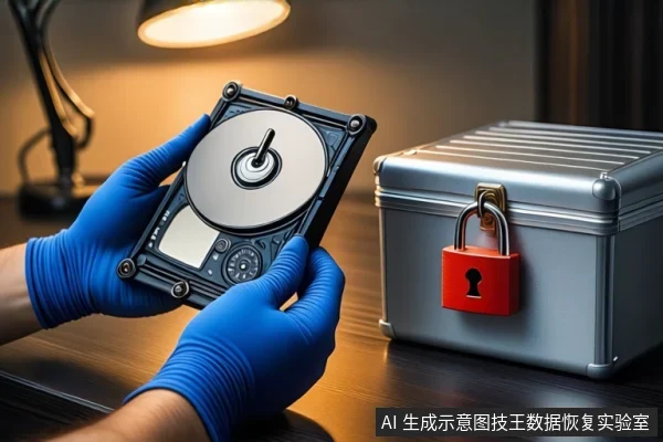 木质桌面上,戴蓝色手套的双手正持握一块打开外壳的机械硬盘,右侧放置一个挂有红色挂锁的银色金属防震箱,背景为模糊的室内台灯。