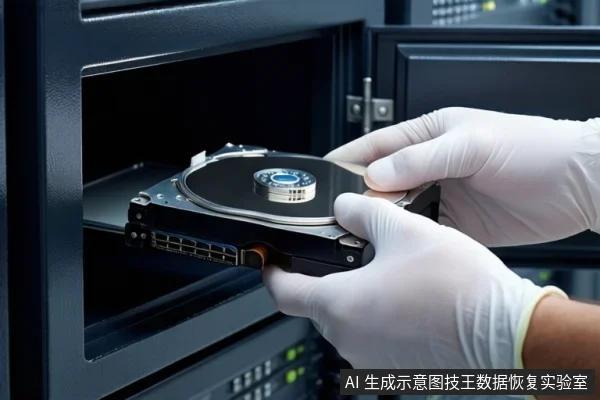一双戴白色手套的手正握持一块裸露的机械硬盘，将其对准黑色存储设备机柜的插槽。背景为模糊的服务器机柜。