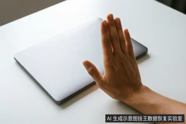 一只手掌在闭合的笔记本电脑前做出停止手势,示意立即停止操作。画面传达出在设备出现硬盘故障时,用户应遵循“静止”原则,避免进行写入、格式化或任何可能覆盖数据的激进操作,以保护原始介质中的数据安全。