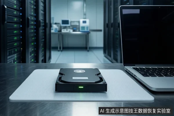 深色桌面上白色防静电垫上平放一块黑色机械硬盘,正面亮着绿色指示灯。右侧有一台银色笔记本电脑,屏幕关闭。背景是模糊的服务器机柜和实验室设备。