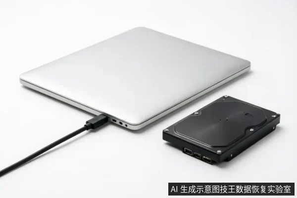 一台银色笔记本电脑通过黑色USB数据线连接着一个裸露的黑色机械硬盘,展示了笔记本外接硬盘的物理连接状态。