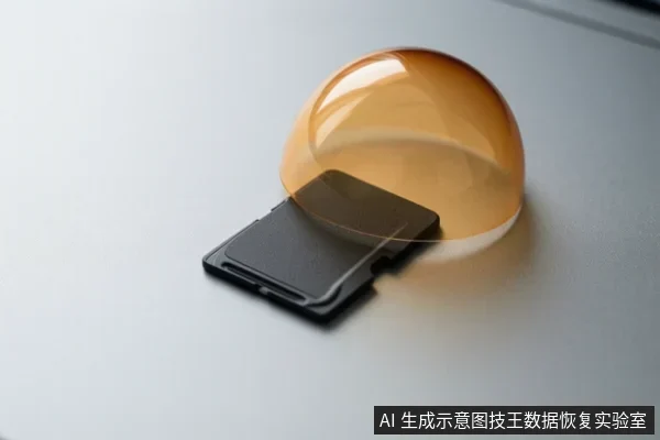 白色平面上放置一张黑色存储卡，卡上方覆盖一个半透明橙色半球形罩，画面无文字。