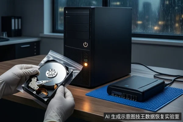 木质桌面上,一双戴白手套的手持握一个透明防静电袋,袋内装有一块打开外壳的机械硬盘。背景有一台黑色塔式主机和蓝色防静电垫上的硬盘盒。