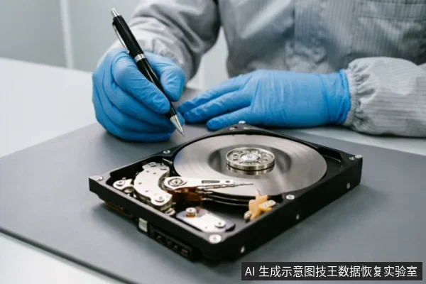 画面展示一名佩戴蓝色防静电手套的技术人员,正手持黑色签字笔在桌面上记录。其面前放置着一块已打开上盖的机械硬盘,清晰可见内部磁盘盘片与磁头组件,呈现出专业检测或评估设备状态的场景。