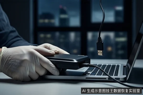 深色桌面上,一双戴白手套的手持握黑色移动硬盘,硬盘连接至笔记本电脑,上方悬空一根USB线,背景为模糊的城市夜景。