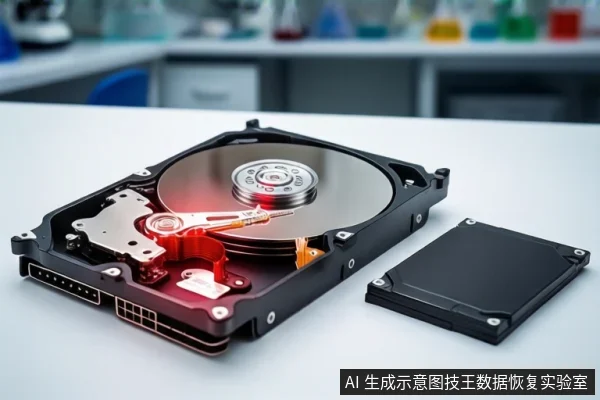 白色桌面上平放一块打开外壳的机械硬盘,可见盘片、主轴和磁头臂,磁头臂下方有红色光效。右侧平放一块黑色固态硬盘。背景为模糊的实验室环境。