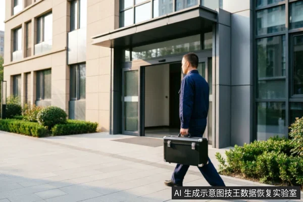 一名身穿深蓝色工作服的男子手提黑色硬质工具箱,正走向一栋现代办公建筑的入口。画面展示了技术人员携带专业工具前往服务的场景,象征着专业的数据恢复寄修服务与上门支持。