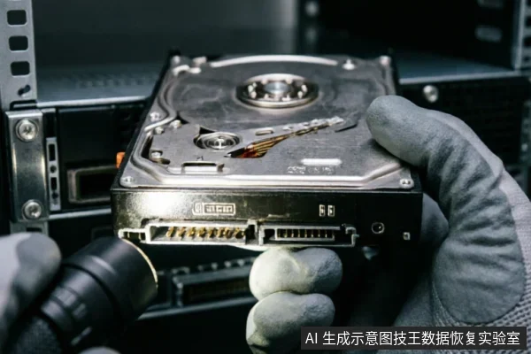 一只戴着灰色防静电手套的手正握持一块裸露的机械硬盘,展示其底部的SATA数据与电源接口。背景为模糊的服务器机架环境,左下角有手电筒光束照射接口区域,模拟专业检测或排查连接故障的场景。