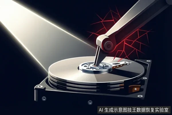 示意图中一块打开顶盖的机械硬盘位于暗色背景里,磁头臂压在盘片中心附近,周围有红色裂纹状图形,左上方有强光束照射。