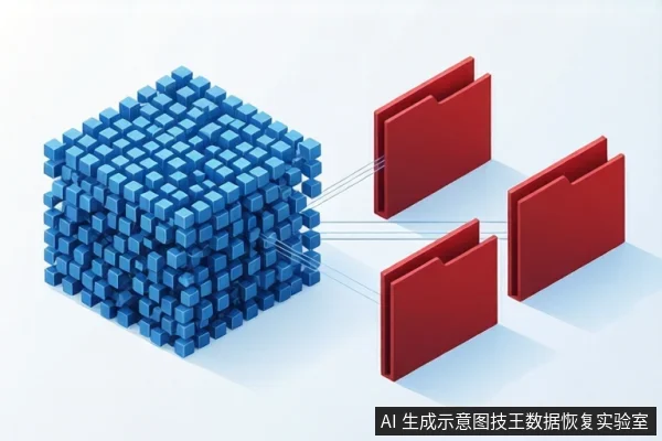 画面左侧是一个由蓝色小方块组成的立方体,右侧有三个红色文件夹图标,蓝色线条从立方体连接至文件夹。右下角有固定标识。