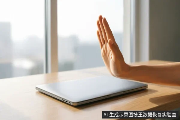 一只手掌在闭合的笔记本电脑前做出明确的“停止”手势,示意拒绝或禁止操作。背景为明亮的窗户和模糊的城市景观,桌面整洁,无其他设备。