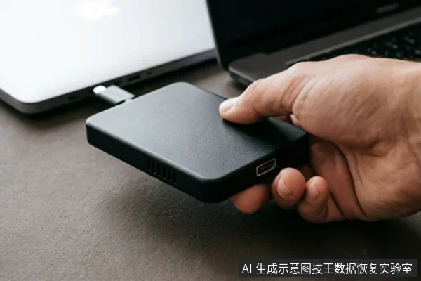 一只手握持黑色外接移动硬盘,其USB数据线已插入背景中的笔记本电脑接口。画面展示了外部存储设备与主机的物理连接状态,用于示意检查外部连接链或设备通电场景。