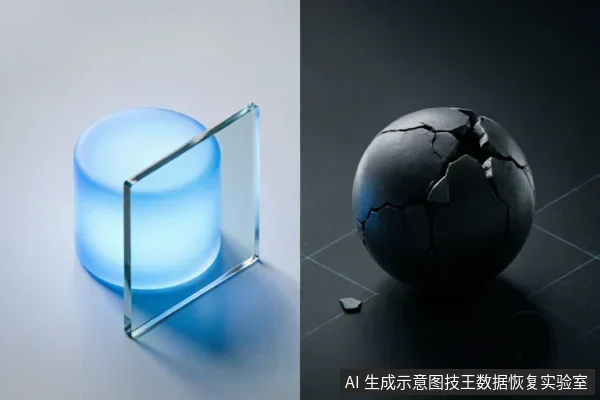 图片分为左右两部分。左侧展示了一个发光的蓝色圆柱体被一块透明玻璃板隔开,象征数据或系统状态;右侧是一个表面布满裂纹的黑色球体及散落的碎片,象征硬件损坏或文件系统崩溃。