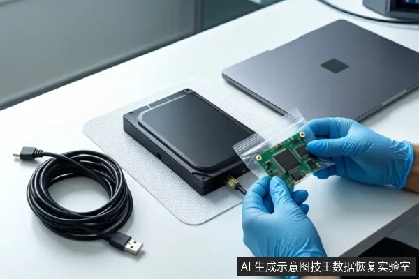 白色桌面上,左侧盘绕黑色USB线缆,中间白色垫上平放黑色硬盘盒,右侧戴蓝色手套的双手正持握装有绿色电路板的透明防静电袋,背景有一台银色笔记本电脑。