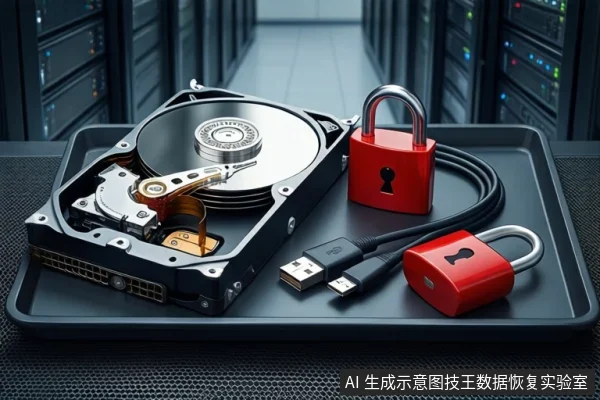 Open hard drive on a tray with a USB cable and two red padlocks in a server room.