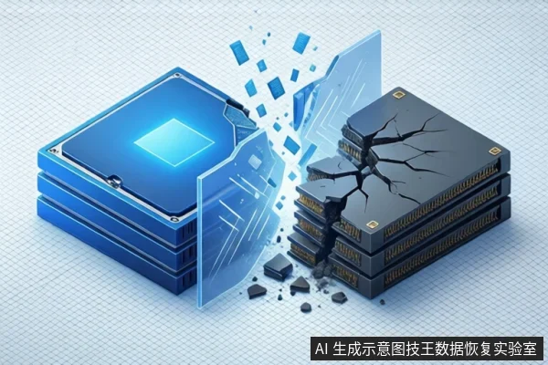 浅蓝网格背景上,左侧蓝色堆叠存储模块发出亮光,中间透明屏障碎裂,右侧黑色堆叠存储设备表面布满裂纹并散落碎片。