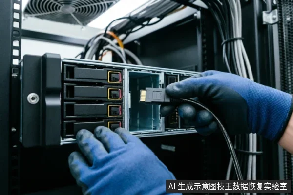 戴着蓝黑防静电手套的技术人员正在服务器机架中操作,将一根SATA数据线插入硬盘托架的接口。背景可见理线整齐的线缆和散热风扇,展示了数据中心环境下的硬件连接维护场景。