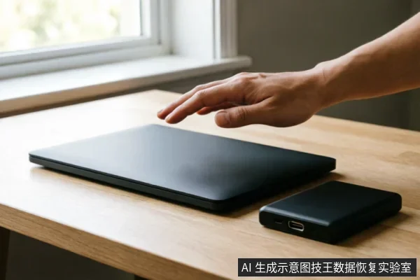 一只悬停在闭合黑色笔记本电脑上方的手，旁边木桌上放置着一个带有USB-C接口的黑色移动硬盘盒。背景为窗边环境，画面展示了电脑与外部存储设备的连接场景。