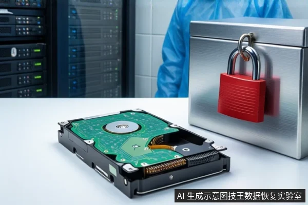 白色桌面上平放一块打开外壳的机械硬盘,露出绿色电路板与盘片。右侧为挂有红色挂锁的银色金属防震箱。背景可见服务器机柜和穿蓝色无尘服的人员。