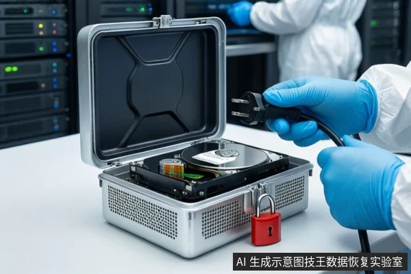 洁净室白色桌面上,前景一双戴蓝色手套的手持黑色三脚电源插头,下方平放一块打开外壳的机械硬盘,右侧为挂有红色挂锁的银色金属防震箱,背景为模糊的服务器机柜。