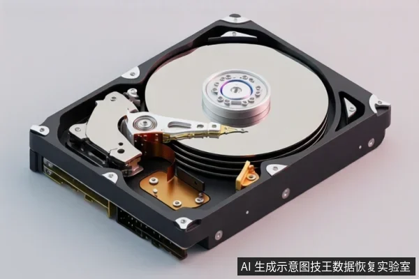 一个打开外壳的机械硬盘平放在浅灰色背景上,可见多张盘片、中心主轴、磁头臂和接口,无操作动作。