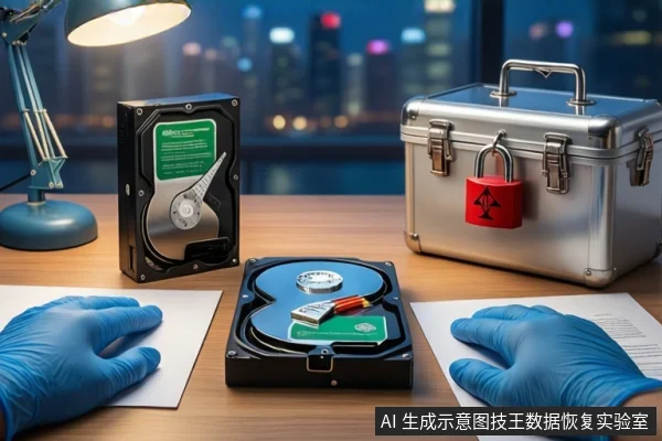 木质桌面上，一双戴蓝色手套的手平放在纸张两侧，中间平放一块打开外壳的机械硬盘，左侧竖立一块硬盘，右侧为挂有红色挂锁的银色金属防震箱，背景为模糊的城市夜景和台灯。