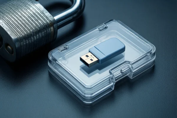 深色台面上放置一把银色金属挂锁，旁边是一个透明塑料盒，盒内装有一个蓝色USB闪存盘。